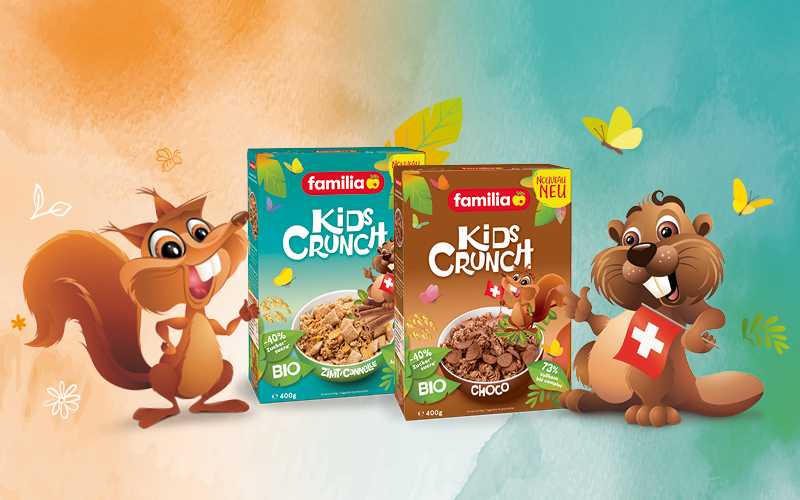 Design und Kommunikation für die Bio Kids Crunch Kindermüesli von bio-familia